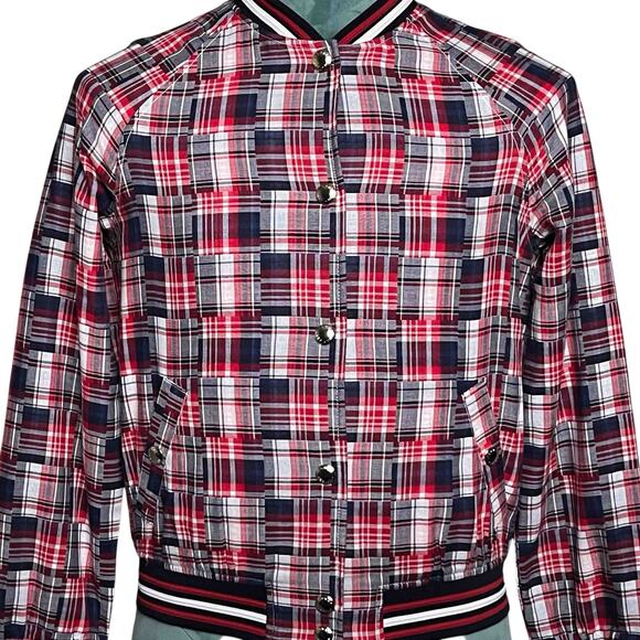 Tommy Hilfiger NWT Madras Plaid Varsity Jacket Size SP Red Blue Patchwork Cotton - Picture 2 of 11